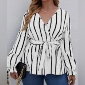 Shein Curve Black & White stripe long sleeve belted blouse.